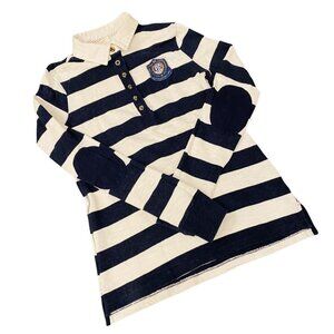 H&M Navy Blue & White Striped Nautical Sweatshirt Elbow Patches Crest Sz S